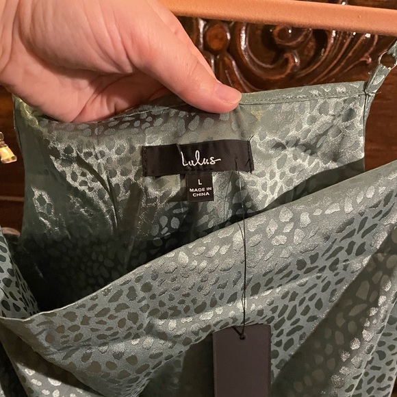 Lulu’s sage green satin animal print slip dress. - Picture 3 of 7